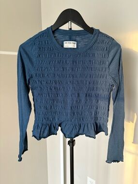 We The Free Slate Blue Long-Sleeve Smocked Ruffle Hem Top